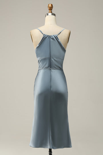 Grey Blue Sheath Spaghetti Straps Satin Midi Bridesmaid Dress